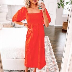 Free Assembly Smocked Off Shoulder Red Orange Midi Dress Size XS